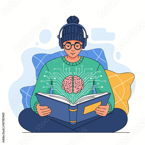 Vector illustration of student reading book with brain and digital connection concept