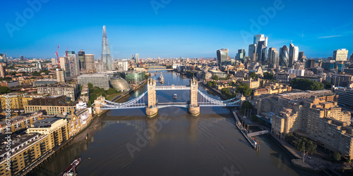 London City Skyline with Tower Bridge Aerial Panorama Early Morning Light, England, United Kingdom