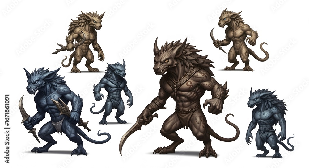 Fototapeta premium A collection of fantasy werewolf characters with various designs isolated on white background