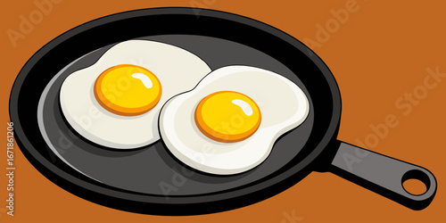 A realistic image of two sunny-side-up eggs cooking in a black cast iron skillet. The eggs have bright yellow-orange yolks and set white edges, sprinkled lightly with black pepper. The skillet sits on