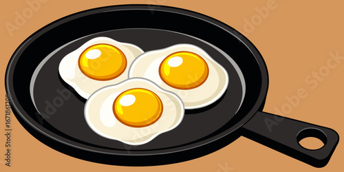A realistic image of two sunny-side-up eggs cooking in a black cast iron skillet. The eggs have bright yellow-orange yolks and set white edges, sprinkled lightly with black pepper. The skillet sits on