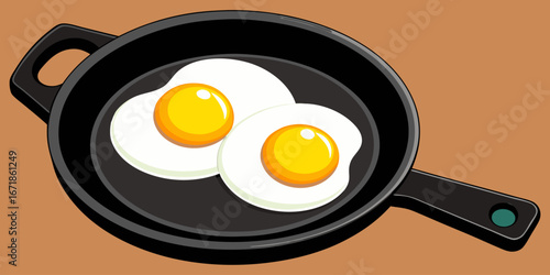 A realistic image of two sunny-side-up eggs cooking in a black cast iron skillet. The eggs have bright yellow-orange yolks and set white edges, sprinkled lightly with black pepper. The skillet sits on