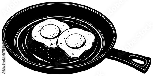 A realistic image of two sunny-side-up eggs cooking in a black cast iron skillet. The eggs have bright yellow-orange yolks and set white edges, sprinkled lightly with black pepper. The skillet sits on