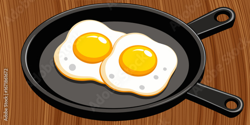 A realistic image of two sunny-side-up eggs cooking in a black cast iron skillet. The eggs have bright yellow-orange yolks and set white edges, sprinkled lightly with black pepper. The skillet sits on