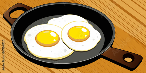 A realistic image of two sunny-side-up eggs cooking in a black cast iron skillet. The eggs have bright yellow-orange yolks and set white edges, sprinkled lightly with black pepper. The skillet sits on