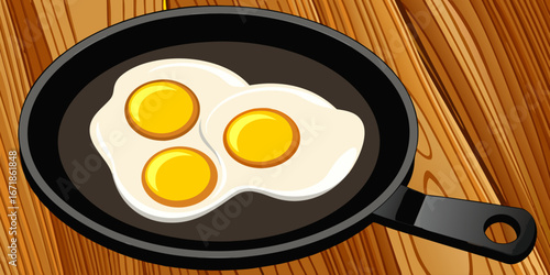 A realistic image of two sunny-side-up eggs cooking in a black cast iron skillet. The eggs have bright yellow-orange yolks and set white edges, sprinkled lightly with black pepper. The skillet sits on