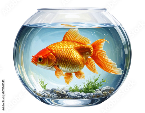 Realistic Golden Goldfish Swimming in Round Glass Bowl, Isolated on Transparent Background