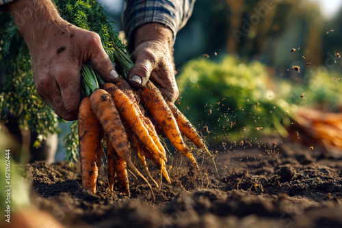 Close-up of farmers hands pulling ripe carrots from the ground.