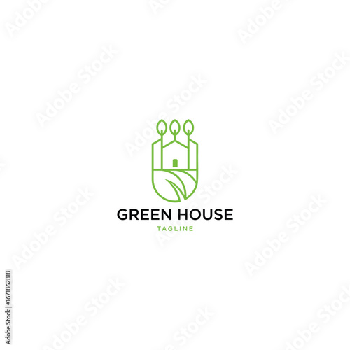 Green house home logo design. Vector illustration of monoline plant house icon design. Modern logo design line icon template