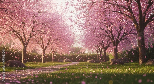 優しく輝く桜並木道 春の光が舞い散る花びら 穏やかな風景. AI Generated