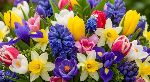A vibrant and colorful bouquet of spring flowers, including tulips, hyacinths, daffodils, and crocuses