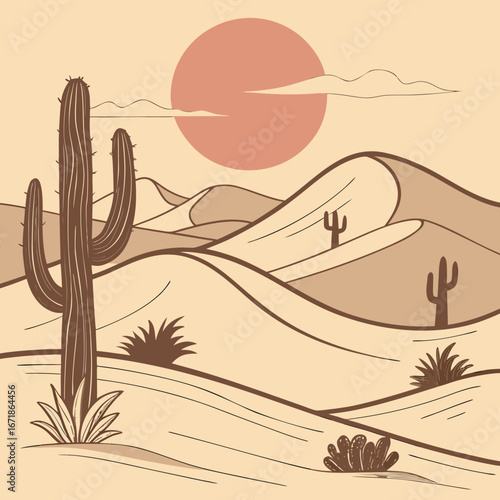 A desert landscape with sand dunes, cacti, and a setting sun in the sky