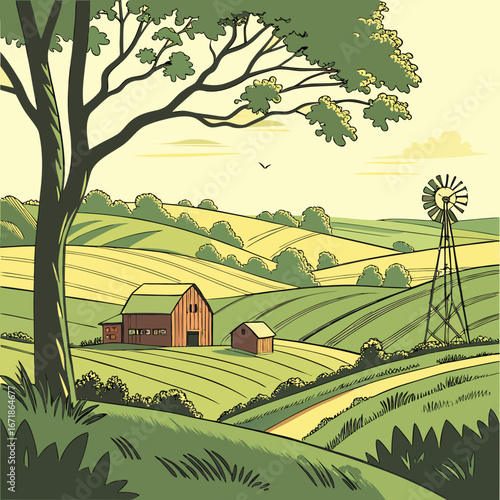 A serene farm landscape with a barn, windmill, and lush green fields under a sunny sky