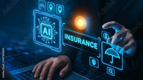 Businessman interacting with AI-driven insurance digital interface, showcasing coverage, policy, and financial management tools.