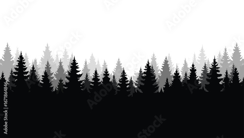 Black and gray silhouette forest landscape with white sky