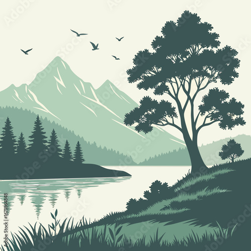A tranquil lake surrounded by mountains, forests, and a solitary tree on the shore
