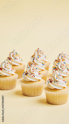 Mini vanilla cupcakes decorated with rainbow sprinkles and swirls of buttercream are arranged together on a soft yellow background