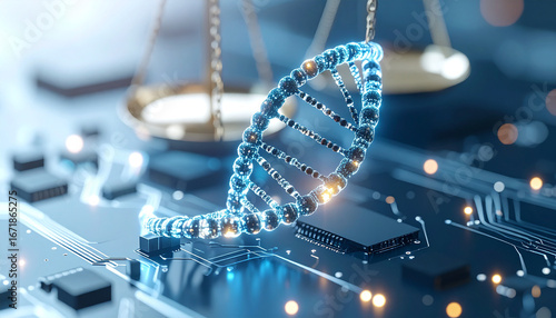 DNA strand and Scale: a close-up shot that shows a detailed blue DNA strand positioned near a golden balance scale resting on a circuit board. This image symbolizes justice and genetics.