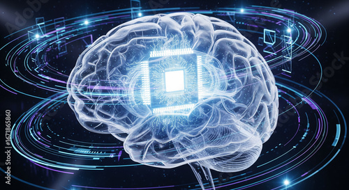 An Abstract Digital Brain with a Glowing Microchip Inside