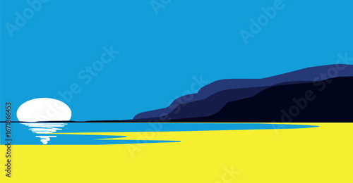 Minimalist landscape art depicting a bright sun reflecting on the water near a dark, hilly coastline and a yellow beach.