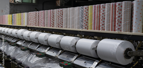 Spools of industrial yarn arranged on racks in a textile manufacturing facility, showcasing synthetic fibers and threads used for fabric weaving, garment production, and clothing industry proce