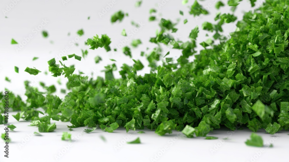Obraz premium 3D render of chopped parsley pieces, scattered, floating view on clean white background