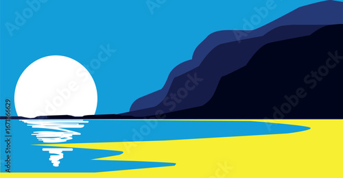 Colorful illustration of a serene beach scene at night, with a large moon reflecting on the water.
