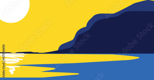 A vibrant sunset over a tranquil body of water, with a silhouette of mountains.
