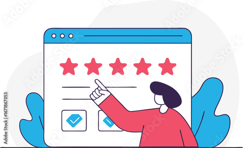 Customer feedback interface with five star rating and checkboxes symbolizing choices demonstrating quality satisfaction with an interactive design for user engagement and product reviews