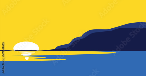 Serene sunset over a calm sea and dark silhouette of a coastal mountain range.