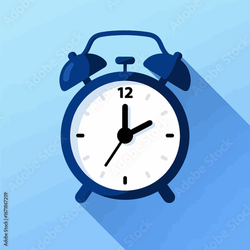 Blue Alarm Clock Midday Time on Light Blue Background