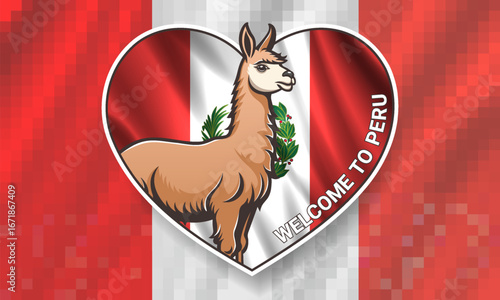 Vector sticker or icon, heart. I love Peru. Cartoon cute llama, wavy national flag. Welcome. Animal lama. Pixel gray background
