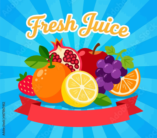 Bright Fruits Juice Illustration with Sunburst Background