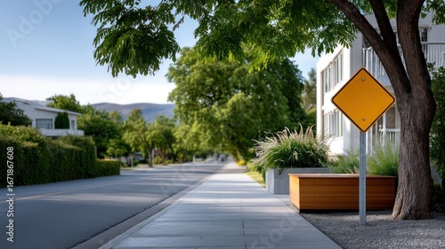 Residential street scene with yellow sign, trees, and houses