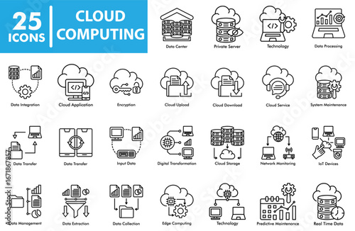 Cloud computing icon set featuring data center, private server, cloud storage, encryption, data transfer, IoT devices, digital transformation, and system maintenance symbols.
