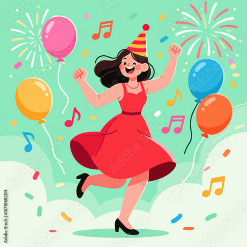 Wallpaper Mural Celebratory Woman Dancing with Balloons and Fireworks Torontodigital.ca