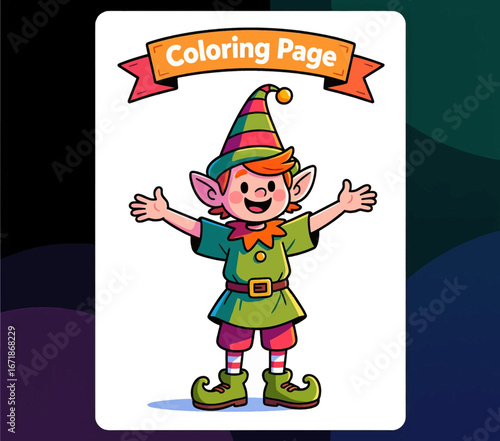 Cheerful Elf Coloring Page for Kids: Happy Character with Outstretched Arms, Festive Hat, and Bright Clothing