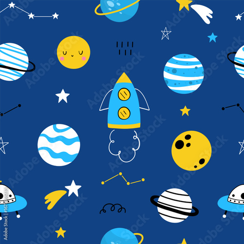 Seamless pattern with cute space, planets, stars, ufo, constellations, rockets, saturn on dark blue background. Creative kids texture for fabric, prints, wallpaper, decorations, textiles.