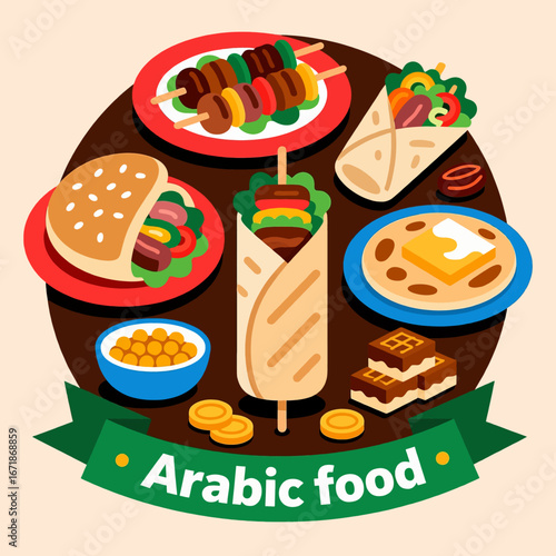 Colorful Array of Arabic Dishes: Shawarma, Hummus, Falafel, and Baklava