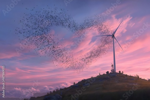 A flock of birds flies in a heart shape around a wind turbine on a hill at sunset.