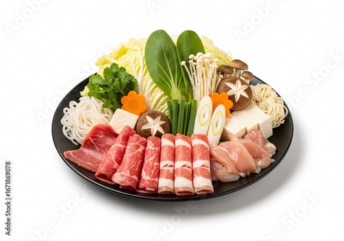 Sliced ​​beef, shabu, on a plate on white background isolated