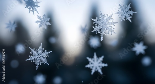 Closeup of falling snowflakes against a blurred background, creating a magical and wintery atmosphere