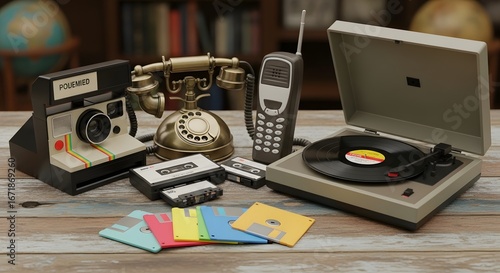 A collection of vintage technology items, including a camera, telephone, record player, and cassettes