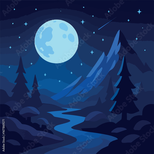 Nighttime Mountain Landscape with Moon and River