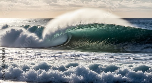 A powerful ocean wave crashing on the shore, showcasing the beauty and energy of natures force