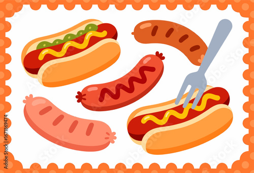 Colorful Hot Dogs and Sausages with Mustard and Relish