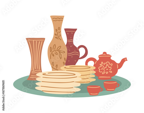 Set of vintage dishes, plates, pitchers, cups and teapots