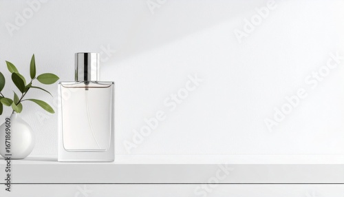 Wallpaper Mural Elegant Clear Glass Perfume Bottle with Silver Cap on White Shelf with Green Plant Torontodigital.ca
