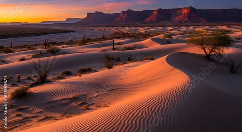 A serene desert landscape at sunset, featuring sand dunes, mountains, and a colorful sky