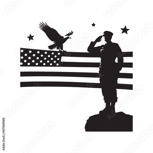 A silhouette illustration of a U.S. soldier saluting an eagle on the 4th of July.